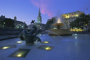 Trafalgar Square Prints: Fountains in Trafalgar Square at night, London, England, UK, Europe