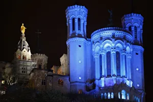 Basilica Prints: Fourviere Basilica, Light festival, Lyon, Rhone, France, Europe