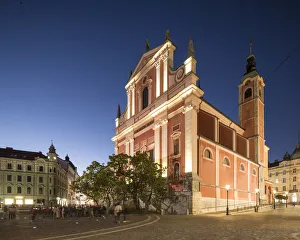 Slovenia Prints: Franciscan Church of the Annunciation illuminated at night, Old Town, Ljubljana, Slovenia