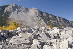 Rockies Prints: Frank Slide (massive rockslide of limestone from Turtle Mountain that buried town in 1903)