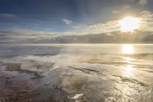 Geyser Prints: Freezing dawn mists, Yellowstone Lake at West Thumb Geyser Basin