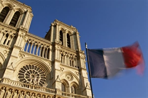 Pari Prints: French flag and Notre Dame de Paris, Christian cathedral, Ile de la Cite