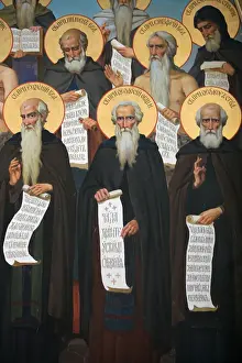 Mount Athos Prints: Fresco of Christian founding fathers in Aghios Andreas monastery on Mount Athos, Greece
