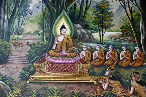 Thai Culture Prints: Fresco depicting the Buddha with followers in Wat Chiang Mun, Chiang Mai, Thailand