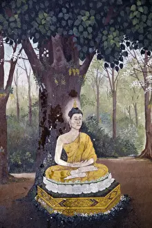 Thai Culture Prints: Fresco depicting Buddha meditating under a tree in a scene of the Buddha