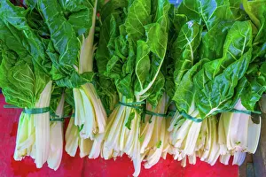Freshness Prints: Fresh chard bundles arranged neatly on display in a market setting in France during the daytime