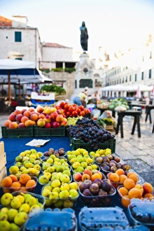 Former Yugoslavia Prints: Fresh fruit stalls and statue of Ivan Gundulic