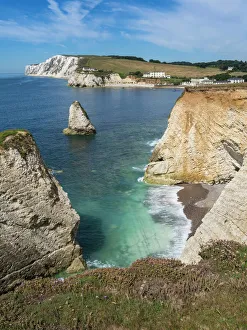 Sea Stack Gallery: Freshwater Bay and chalk cliffs of Tennyson Down, Isle of Wight, England, United Kingdom