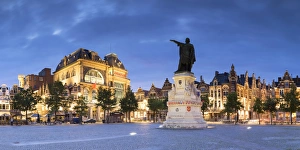 Flanders Prints: Friday Market Square at dusk, Ghent, Flanders, Belgium, Europe