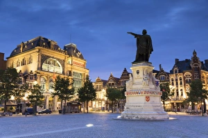 Flanders Prints: Friday Market Square (Vrijdag Markt) at dusk, Ghent, Flanders, Belgium, Europe