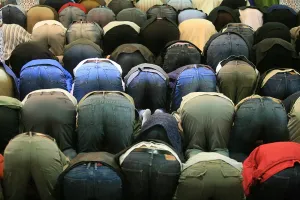 Bending Prints: Friday prayers in Bordeaux mosque, Bordeaux, Gironde, France, Europe