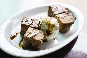 Dessert Prints: Fried Gofio, flour of roasted and ground cereal, in shape of brownies with ice cream