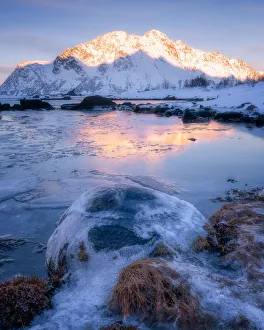 Nordland Prints: Frozen lake and mountain of the Lofoten Islands, Nordland, Norway, Europe