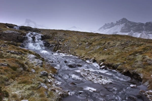 Images Dated 19th October 2008: Frozen waterfall and stream in the East Fjords, near Neskaupstadur, Nordfjordur-Reydarfjordur