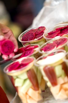Snacks Prints: Fruit cups, Chatuchak weekend market, Bangkok, Thailand, Southeast Asia, Asia