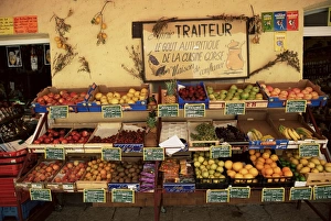 Boxes Prints: Fruit displayed outside shop, Calvi, Corsica, France, Europe