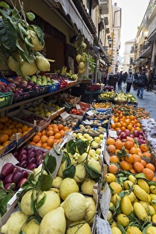 Sorrento Prints: Fruit, including local lemons and oranges, displayed outside a shop in a narrow street