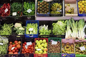 Typically Spanish Gallery: Fruit and vegetables for sale in Logrono covered market, La Rioja, Spain, Europe