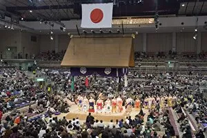 Images Dated 27th November 2009: Fukuoka Sumo competition, entering the ring ceremony, Kyushu Basho, Fukuoka city
