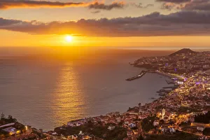 Light Beam Prints: Funchal skyline at sunset with city night lights, Funchal, Madeira, Portugal, Atlantic