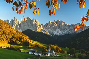 Dolomites Prints: Funes valley, Santa Maddalena and the group of Odle in Trentino Alto Adige at Sunset