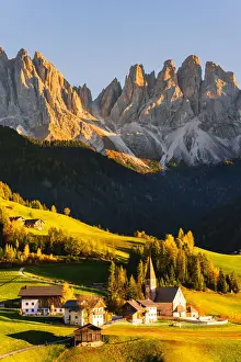 Funes valley, Santa Maddalena in Trentino Alto Adige at Sunset in autumn season. Italy
