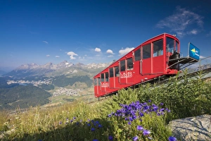 Funicular Railway Prints: The funicular railway runs across the alpine meadows