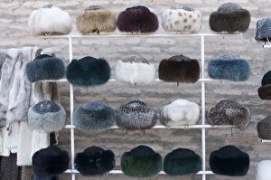 Clothing Prints: Fur hats for sale, Khiva, Uzbekistan, Central Asia, Asia