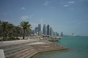 Qatar Prints: Futuristic skyscrapers on the distant Doha skyline, Qatar, Middle East