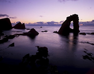 Coastal Feature Prints: Gaada Stack natural arch, 45 m high, at sunset, Foula, Shetland Islands