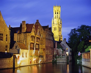 Radiant Prints: Gabled Houses and 13th c. Belfry along the canals, Bruges, Belgium