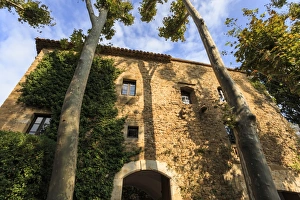 Girona Prints: Gala Dali Castle Museum facade amidst tall trees, medieval home of Salvador Dali