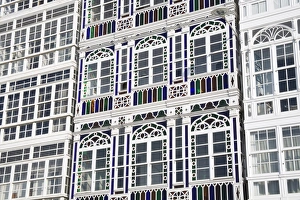 Balconies Prints: Galerias (glass-fronted balconies) on Marina Avenue, La Coruna City, Galicia