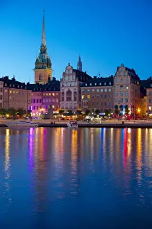 Stockholm Prints: Gamla Stan and Riddarholmen with spire of Riddarholmskyrkan (Riddarholmen Church) at dusk