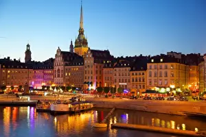 Gamla Stan and Riddarholmen with spire of Riddarholmskyrkan (Riddarholmen Church) at dusk, Stockholm, Sweden, Scandinavia, Europe