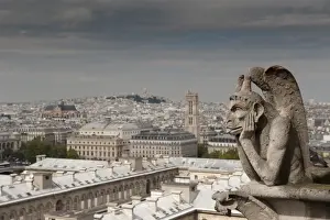 Monster Prints: Gargoyle of Gothic Notre Dame Cathedral and the Right Bank with Basilica of Sacre Coeur