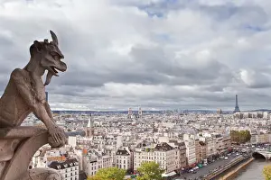 Paris Prints: A gargoyle on Notre Dame de Paris cathedral keeping a watchful eye over the city below