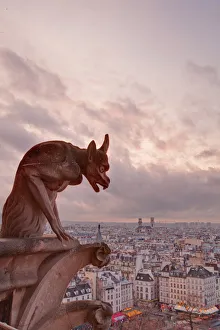 A gargoyle on Notre Dame de Paris cathedral looks over the city, Paris, France, Europe