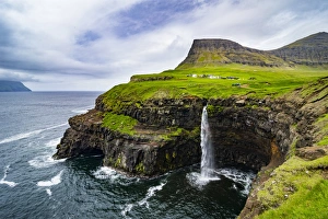 Vagar Prints: Gasadalur waterfall into the ocean, Vagar, Faroe Islands, Denmark, Europe