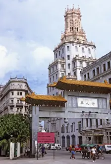 China Town Prints: Gate to Barrio Chino (Chinatown) with the original headquarters of the Compan?a Cubana de Telefonos dating from 1927