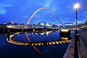 Millennium Bridge Collection: Gateshead Millennium Bridge and The Sage at dusk, Newcastle, Tyne and Wear, England