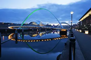 Gateshead Prints: Gateshead Millennium Bridge, The Sage and Tyne Bridge at dusk