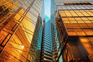 Hong Prints: Gateway boulevard at harbour with golden buildings at sunset, Kowloon, Hong Kong, China