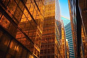 Aesthetic Prints: Gateway boulevard at harbour with golden buildings at sunset, Kowloon, Hong Kong, China