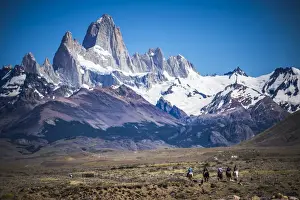 All Horse Riding Prints: Gauchos riding horses and herding sheep with Mount Fitz Roy behind