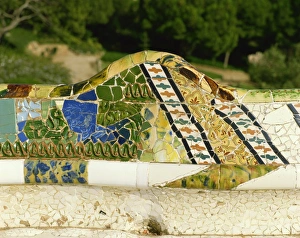 Seats Prints: Gaudi mosaics, seats in Guell Park, Barcelona, Catalonia, Spain, Europe