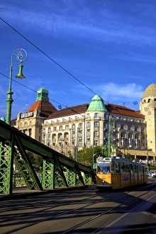 Trams Prints: Gellert Hotel and Spa, Liberty Bridge and tram, Budapest, Hungary, Europe
