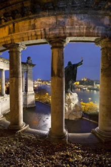River Danube Prints: Gellert Monument with view over River Danube and city at dusk