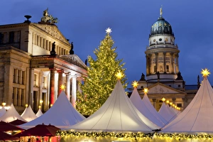 Theatres Prints: The Gendarmenmarkt Christmas Market, Theatre, and French Cathedral, Berlin, Germany