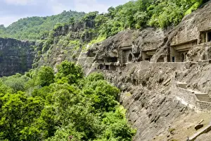 Maharashtra Prints: General view of the Ajanta Caves, UNESCO World Heritage Site, Maharashtra, India, Asia